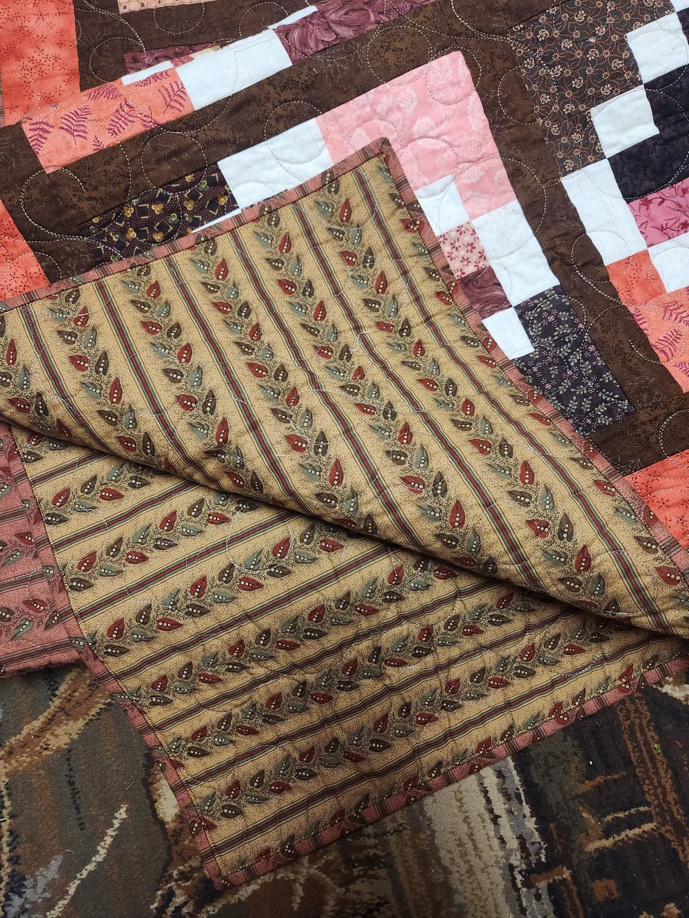 Handmade Quilt in Coral, Pink and Brown - Home Bedding Quilts